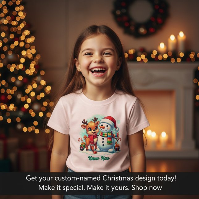 Personalisiertes Weihnachten  (Cute Reindeer and Snowman Kids T-Shirt | Personalized Christmas Tee)