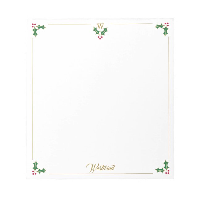 Personalisiertes Weihnachts-Holly-Monogramm-Notepa Notizblock (Vorderseite)