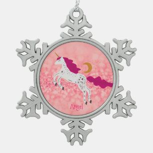 Personalisiertes Weihnachts-Rosa-Glitzer-Einhorn Schneeflocken Zinn-Ornament