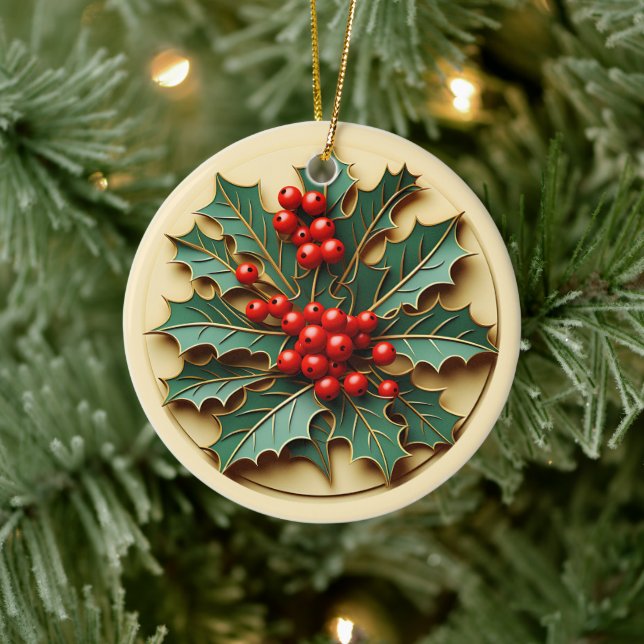 Personalisiertes Weihnachts-Stechpalme Keramik Ornament (Baum)