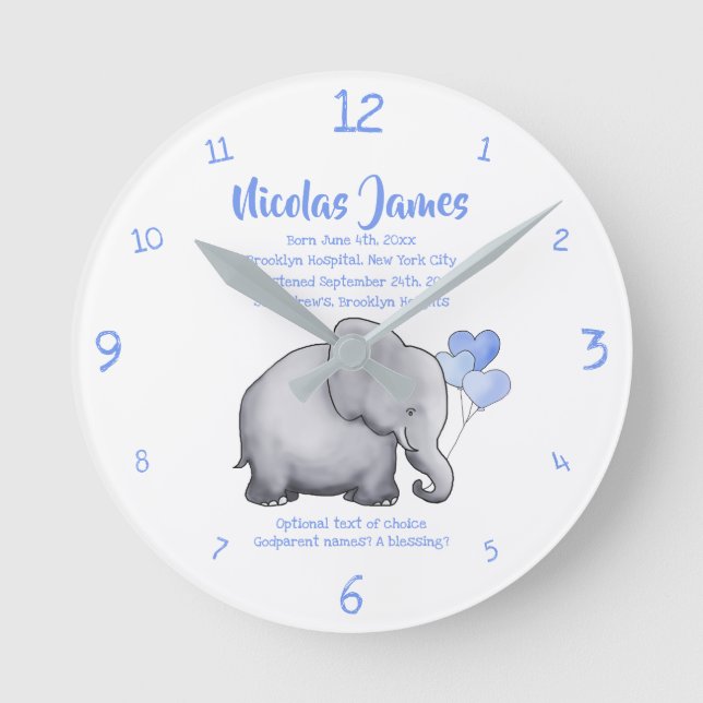 Personalisiertes Weihnachtsdatum Baby Blue Elephan Runde Wanduhr (Vorderseite)