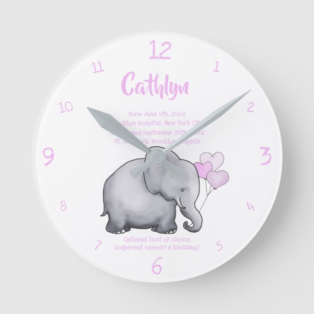 Personalisiertes Weihnachtsdatum Baby Pink Elefant Runde Wanduhr (Vorderseite)