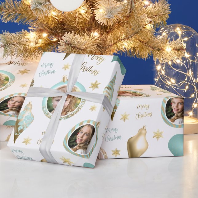 Personalisiertes Weihnachtsfest Aqua Gold Foto Orn Geschenkpapier (Feiertage)