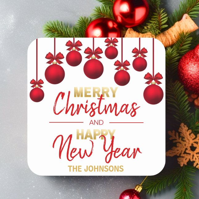 Personalisiertes Weihnachtsfest in Red Gold - Neue Quadratischer Aufkleber (Personalized Red Gold Christmas Happy New Year Square Sticker)