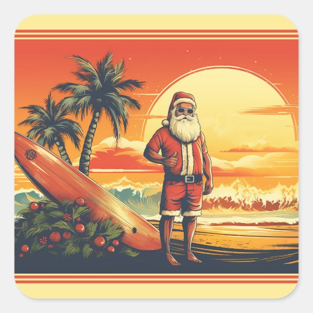 Personalisiertes Weihnachtsfest Retro Beach Weihna Quadratischer Aufkleber (Vorderseite)
