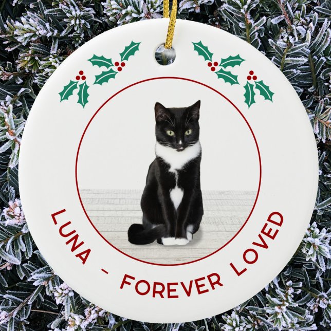 Personalisiertes Weihnachtsfoto zur Erinnerung an  Keramik Ornament (Personalized name text pet cat memorial photo Christmas ornament)