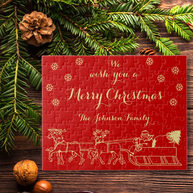 Personalisiertes Weihnachtsgeschenk Familienspiel  Puzzle (Personalized Christmas Gift Family Game Red Gold Jigsaw Puzzle)