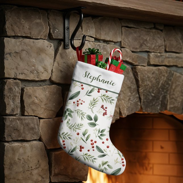 Personalisiertes Weihnachtsgrün & rote Beeren Großer Weihnachtsstrumpf (Personalized Christmas Greenery & Red Berries Large Christmas Stocking)