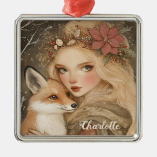 Personalisiertes Weihnachtsmädchen und Fox Ornament Aus Metall