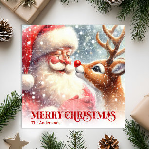 Personalisiertes Weihnachtsmann- und Rudolph-Kinde Puzzle
