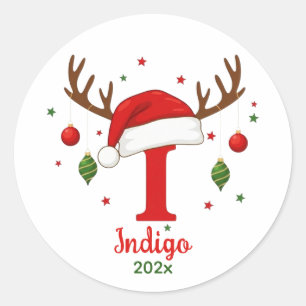 Personalisiertes Weihnachtsmonogramm I Santa Hut Runder Aufkleber
