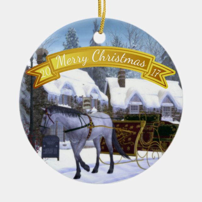 Personalisiertes Weihnachtspferd und -Sleigh Keramik Ornament (Vorne)
