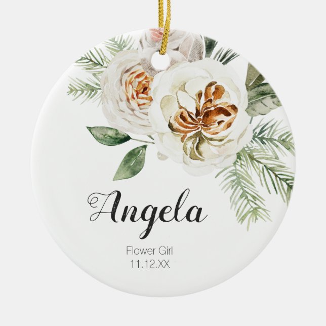 Personalisiertes Weiße Blumenmädchen Weihnachten Keramik Ornament (Vorne)