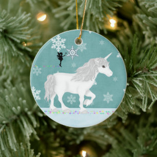 Personalisiertes Weißes Einhorn, Fairy und Schneef Keramik Ornament