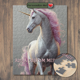 Personalisiertes weißes Einhorn mit rosa Mähne Puzzle