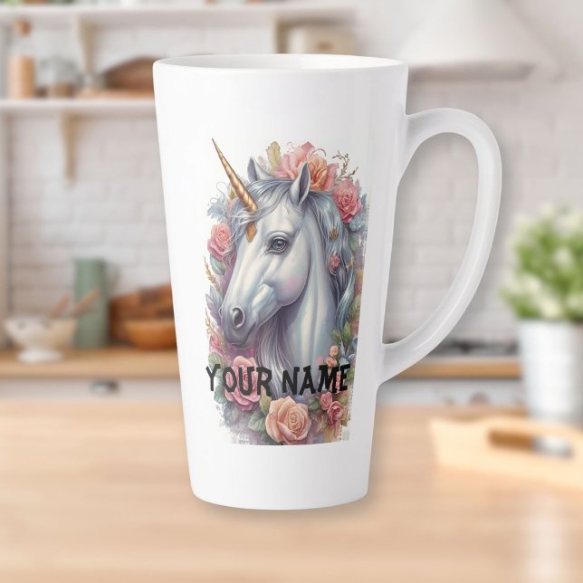 Personalisiertes Weißes Einhornportrait Milchtasse (Personalized White Unicorn Portrait Latte Mug)