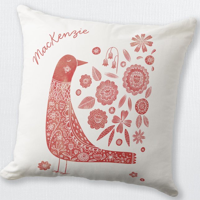 Personalisiertes Weißes Vogelschwarm Kissen (Red and white personalized custom name folk art Scandinavian bird and flower throw pillow)