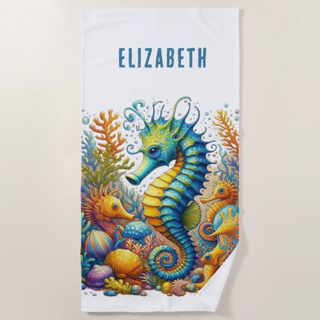 PERSONALISIERTES, WEISSISCHES, FARBLICHES SEEPFERD STRANDTUCH (Vorderseite)