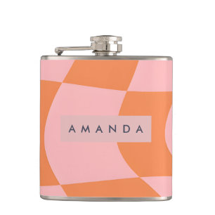 Personalisiertes Wellendesign Retro Orange & Rosa Flachmann
