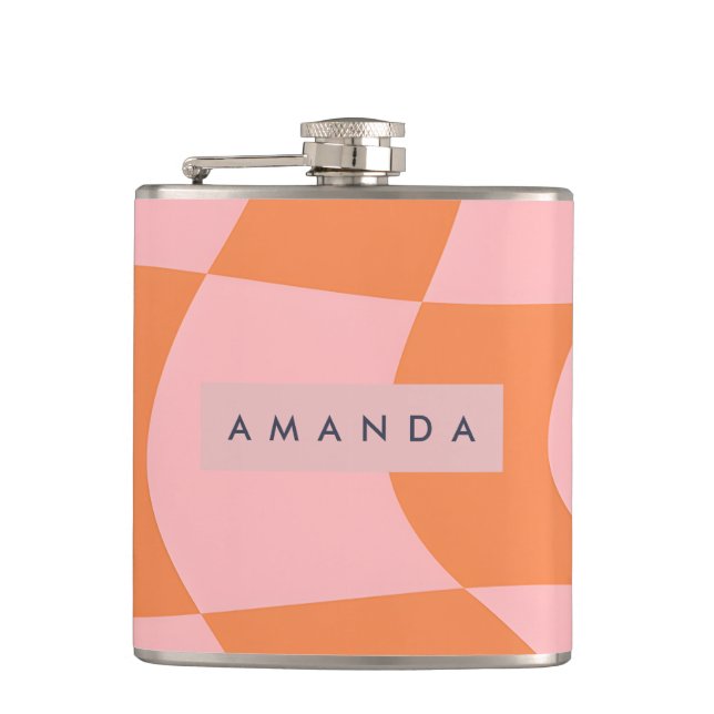 Personalisiertes Wellendesign Retro Orange & Rosa  Flachmann (Vorderseite)