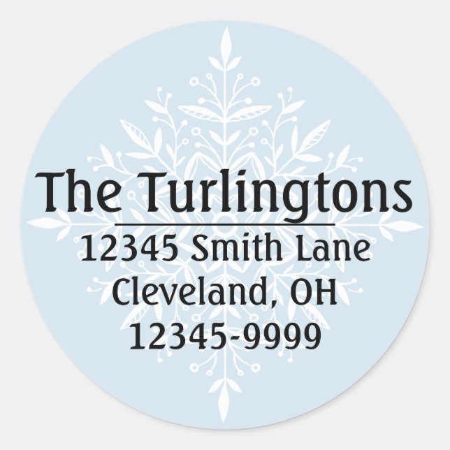 Personalisiertes White Snowflake Rücksendeadresse Runder Aufkleber (Vorderseite)
