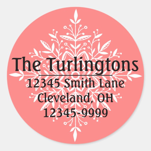 Personalisiertes White Snowflake Rücksendeadresse Runder Aufkleber (Vorderseite)