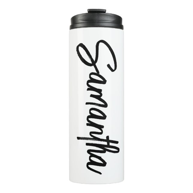 Personalisiertes White und Black Brush Script Thermosbecher (Vorderseite)