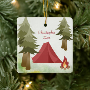 Personalisiertes Zelt und Campfire Camping Weihnac Keramikornament