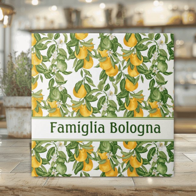 Personalisiertes Zitronenmuster Fliese (Personalized Lemons and leaves on white ceramic tile Italian wedding housewarming gift)