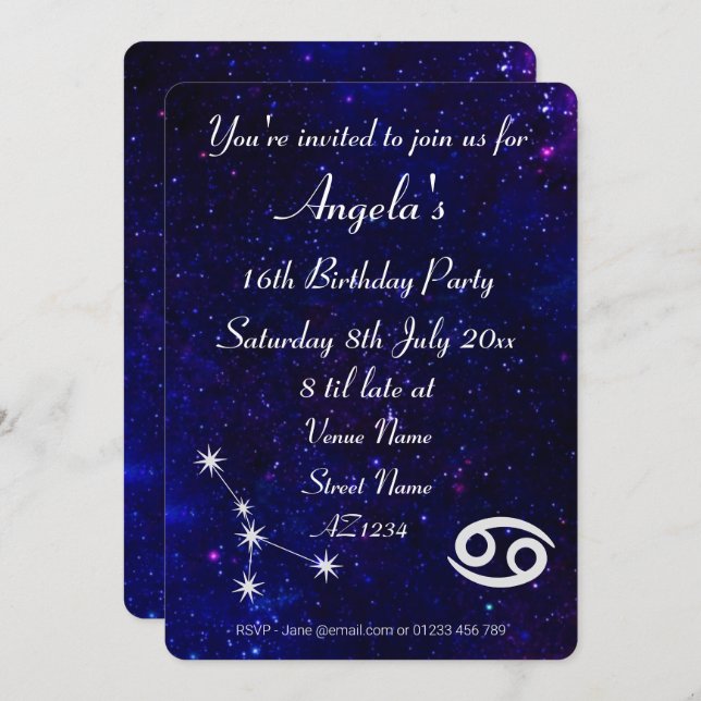 Personalisiertes Zodiac Cancer Galaxy Party Einladung (Vorne/Hinten)