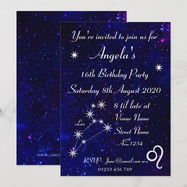 Personalisiertes Zodiac Leo Galaxy Party Einladung (Vorne/Hinten)