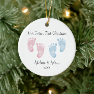 Personalisiertes Zwillingsbabys Fußabdruck-Ornamen Keramik Ornament