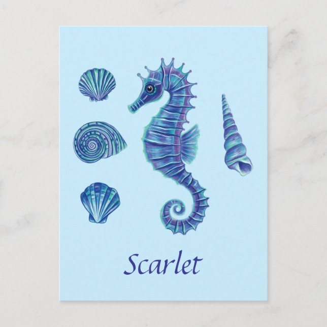 Personalizable Blue Seepferd & Seashells Postkarte (Vorderseite)