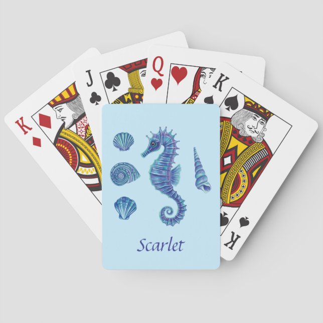 Personalizable Blue Seepferd & Seashells Spielkarten (Rückseite)