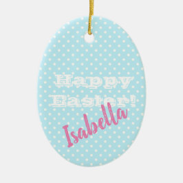 Personalizable Vintag Blue Polka Dot Happy Oaster Keramik Ornament