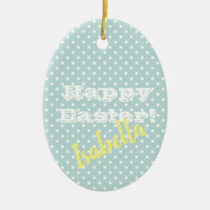 Personalizable Vintag Blue Polka Dot Happy Oaster Keramik Ornament