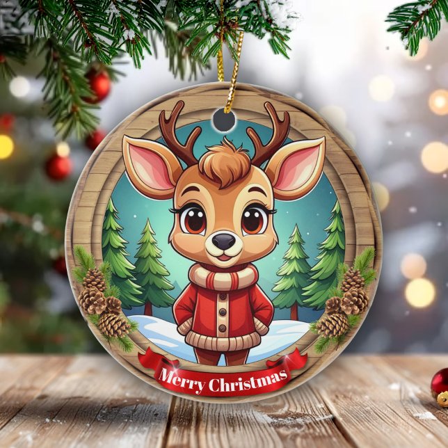 Personalizable Wildlife Winter Animal Holiday 🦌🎄 Keramik Ornament (Personalizable wildlife winter animal holiday ceramic ornament Editable reindeer pine xmas decor 🎄)