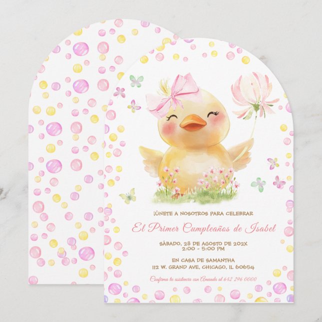 Personalizadas Primer Cumpleaños Niña Con Patito Einladung (Vorne/Hinten)