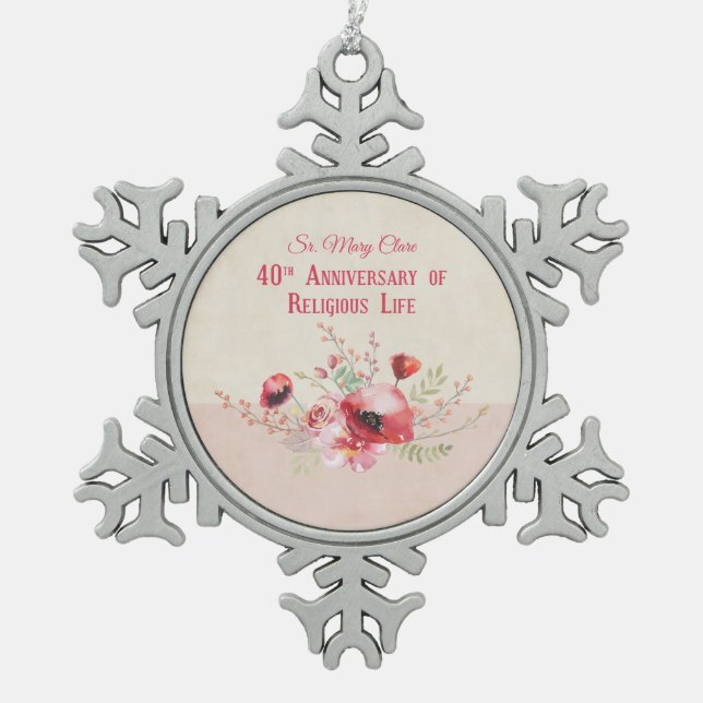 Personalize, 40th Anniversary Nun, Pink und Schneeflocken Zinn-Ornament (Vorderseite)