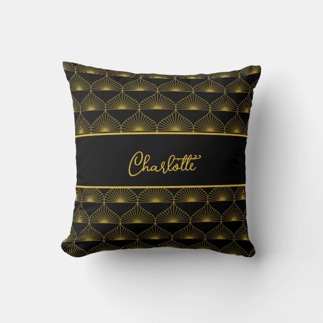 Personalize Art Deco Black & Gold Fan Pattern Name Kissen (Vorderseite)