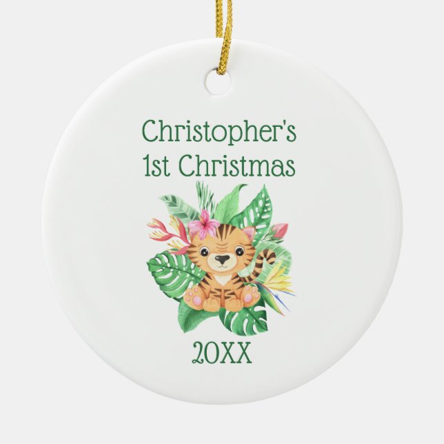 Personalize Baby 1. Christmas Baby Tiger Greenery Keramik Ornament (Vorne)