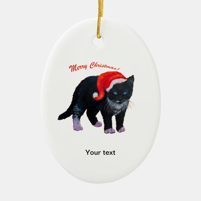 Personalize Black Kitten Frohe Weihnachten Keramik Ornament (Vorne)