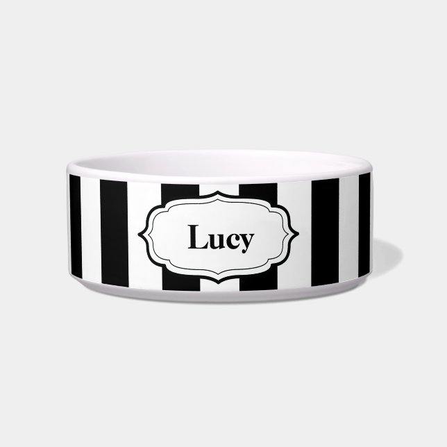 Personalize Black & White Stripe Ceramic Pet Bowl Napf (Vorderseite)