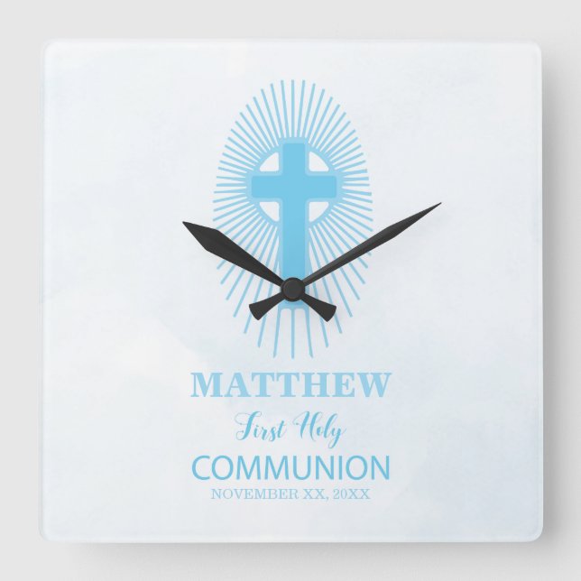 Personalize, Blue First Heilige Kommuny Cross Gast Quadratische Wanduhr (Vorderseite)