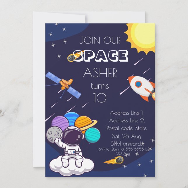 Personalize Cute Blue Space Astronaut Boy Birthday Einladung (Vorderseite)