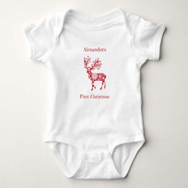 Personalize First Christmas Red Christmas Rentier Baby Strampler (Vorderseite)