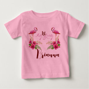 Personalize Flamingo Hibiskus Pink Girly Birthday Baby T-shirt