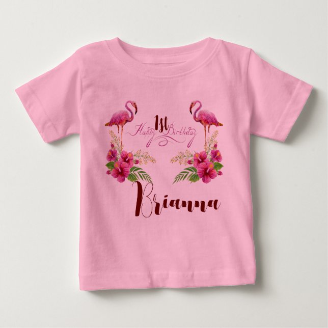 Personalize Flamingo Hibiskus Pink Girly Birthday Baby T-shirt (Vorderseite)