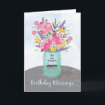 Personalize Friend Name Birthday Blessings Jar Karte<br><div class="desc">Auf einem Tisch sitzt ein hübsches,  mit Aquarellfarben gefülltes Maurerkuchen mit Blume. Es ist für Sie bereit,  mit dem Namen und/oder der Beziehung zu personalisieren!</div>
