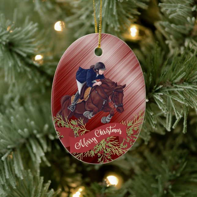 Personalize Girl and Horse Jumping Red Christmas Keramik Ornament (Baum)
